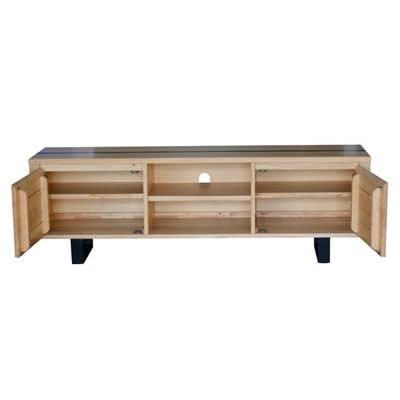 AXWYN solid rubberwood TV stand with 2 doors, natural finish, black legs, designed for modern living rooms and entertainment setups.