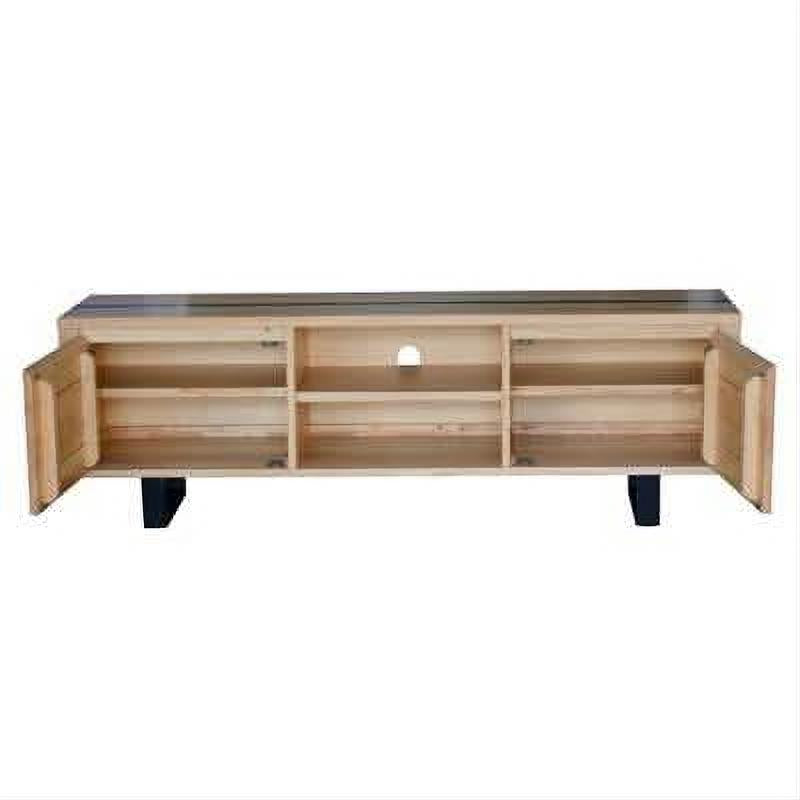 AXWYN solid rubberwood TV stand with 2 doors, natural finish, black legs, designed for modern living rooms and entertainment setups.
