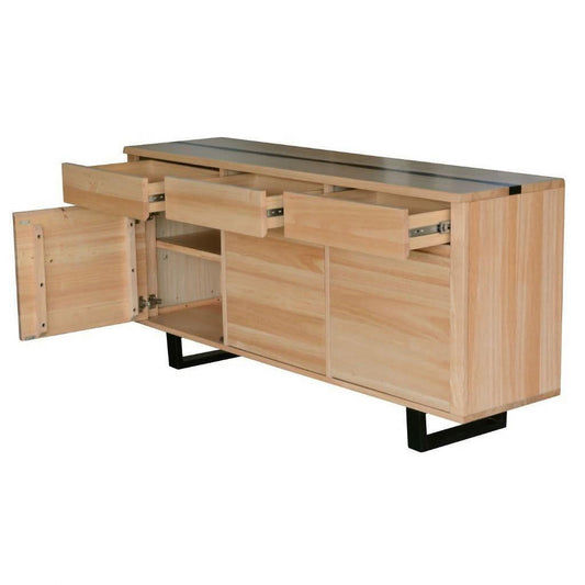 Solid rubberwood buffet sideboard with 3 drawers and 3 doors, natural finish and black legs by MyChocolateWood