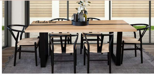Solid rubberwood dining table by MyChocolateWood, 200cm length, natural and black finish, sturdy and stylish for modern dining rooms.