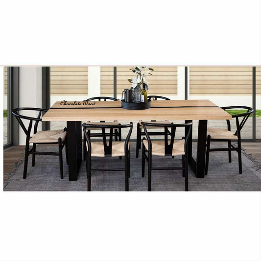 Solid rubberwood dining table by MyChocolateWood, 200cm length, natural and black finish, sturdy and stylish for modern dining rooms.