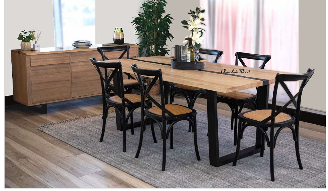 Solid rubberwood dining table by MyChocolateWood in natural and black finish, 200cm length with sleek modern design.