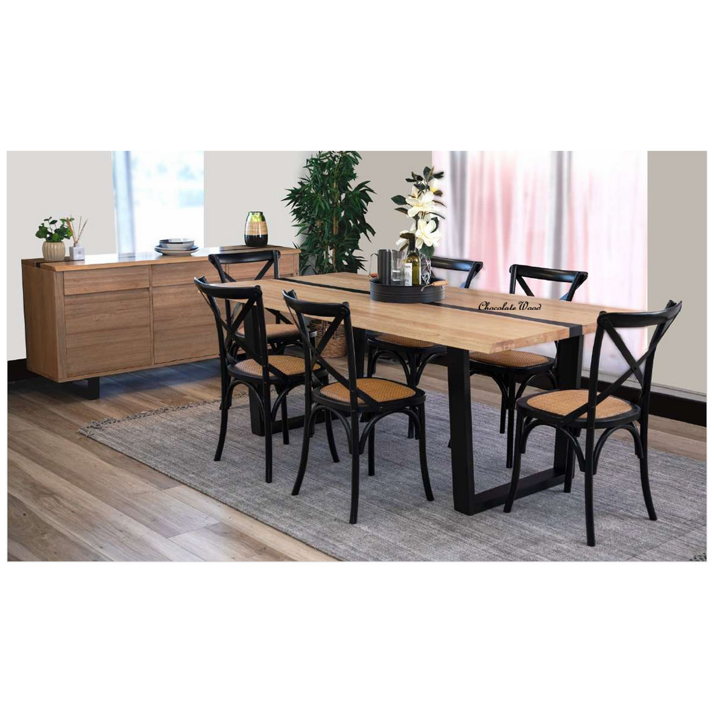 Solid rubberwood dining table by Chocolate Wood in natural and black finish, 200cm length with sleek modern design.