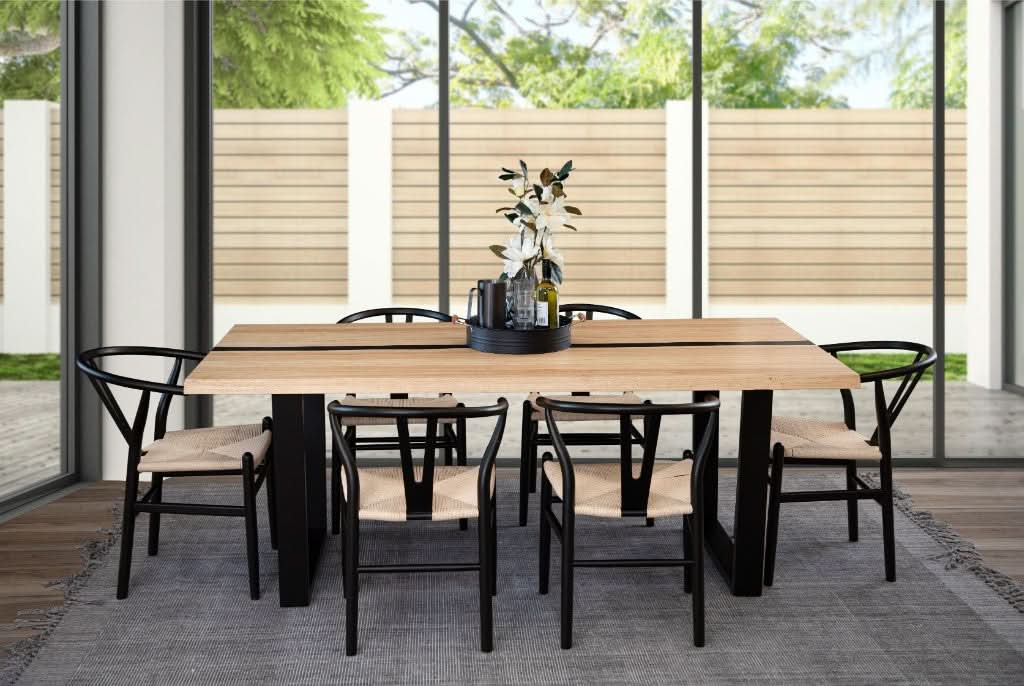 AXWYN  SOLID RUBBERWOOD DINING TABLE NATURAL/BLACK 200CM WITH 6 ARC BLACK/NATURAL DINING CHAIRS - MyChocolateWood