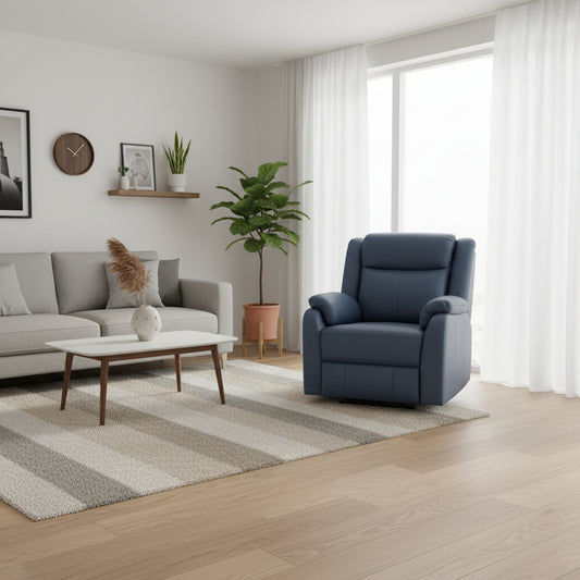 BARRON GENUINE MURANO LEATHER 1-SEATER  SINGLE RECLINER ARMCHAIR W/USB PORT BLUE - MyChocolateWood