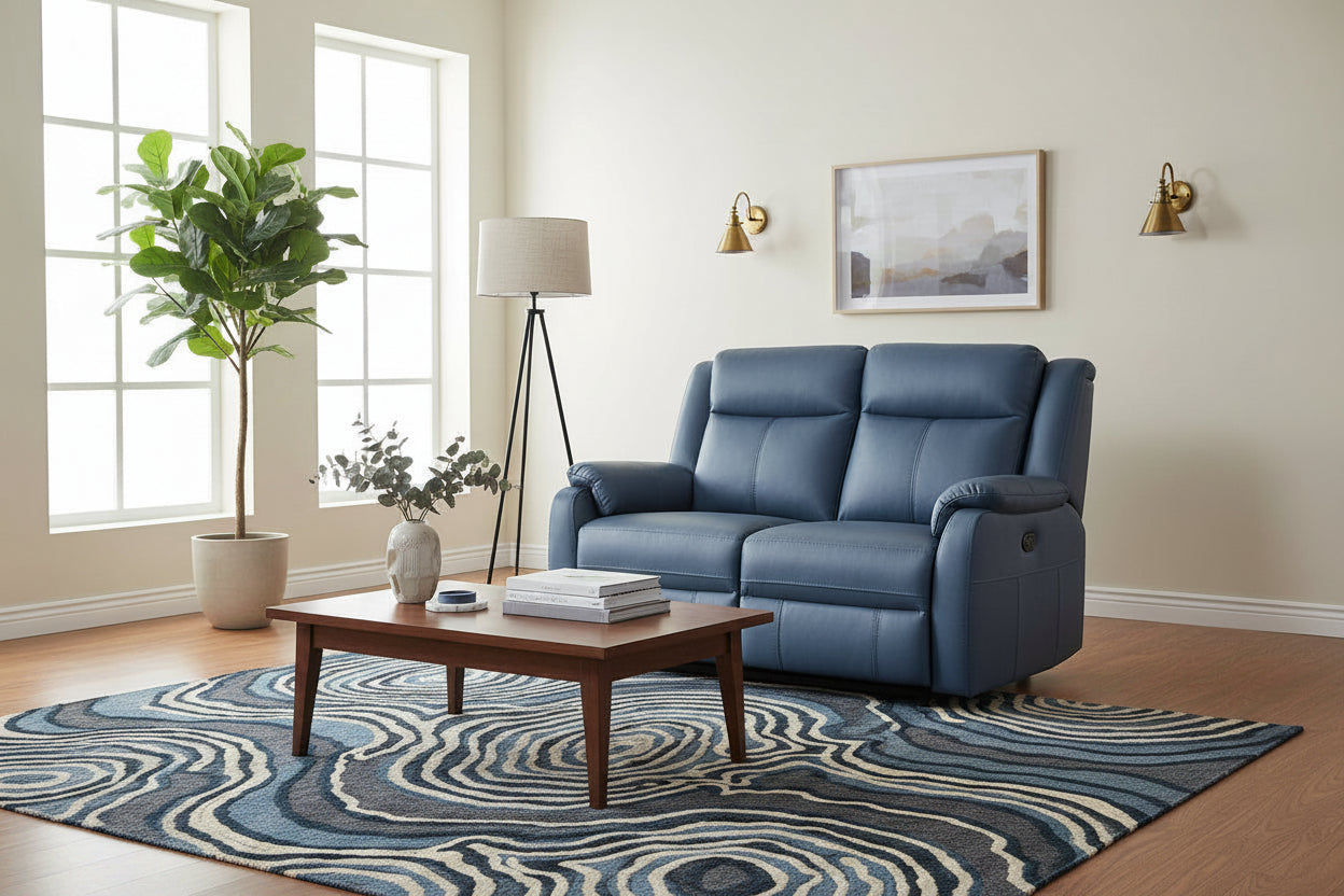 BARRON GENUINE MURANO LEATHER 2-SEATER  RECLINER SOFA W/USB PORT  MARINE BLUE - MyChocolateWood