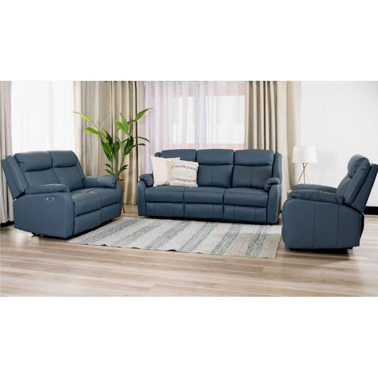 BARRON GENUINE MURANO LEATHER 3-SEATER  2-SEATER + 1 SINGLE RECLINER ARMCHAIR  LOUNGE SUITE MARINE BLUE - MyChocolateWood