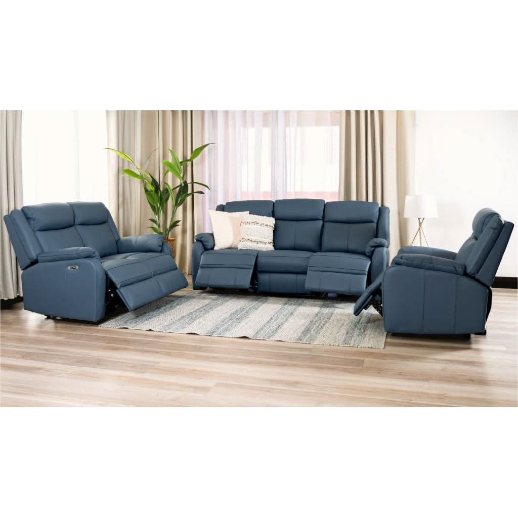 BARRON GENUINE MURANO LEATHER 3-SEATER  2-SEATER + 1 SINGLE RECLINER ARMCHAIR  LOUNGE SUITE MARINE BLUE - MyChocolateWood