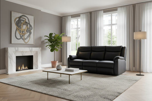 BARRON GENUINE MURANO LEATHER 3-SEATER  RECLINER SOFA W/USB PORT  BLACK - MyChocolateWood