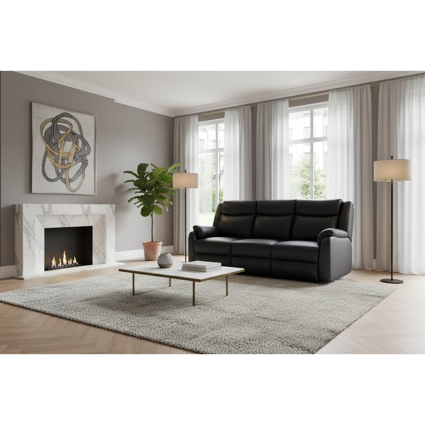 Barron Genuine Murano Leather 3-Seater Recliner Sofa in Black - Chocolate Wood