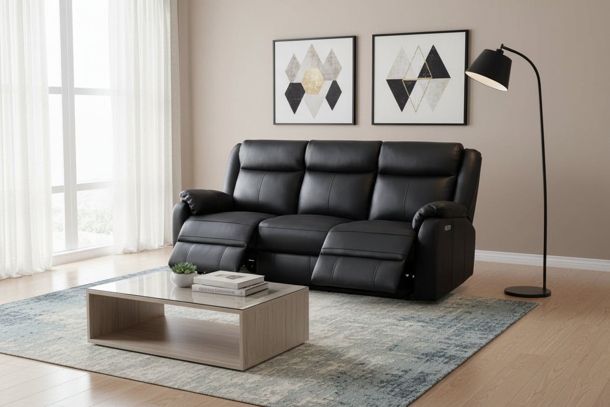 BARRON GENUINE MURANO LEATHER 3-SEATER  RECLINER SOFA W/USB PORT  BLACK - MyChocolateWood