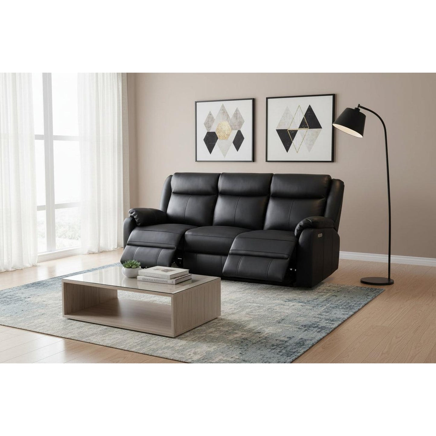 Barron Genuine Murano Leather 3-Seater Recliner Sofa in Black - Chocolate Wood