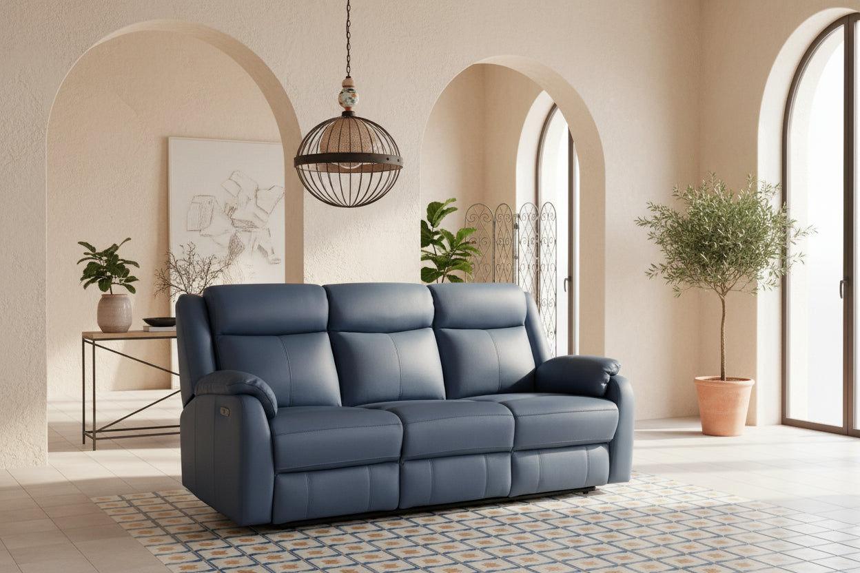 BARRON GENUINE MURANO LEATHER 3-SEATER  RECLINER SOFA W/USB PORT  MARINE BLUE - MyChocolateWood