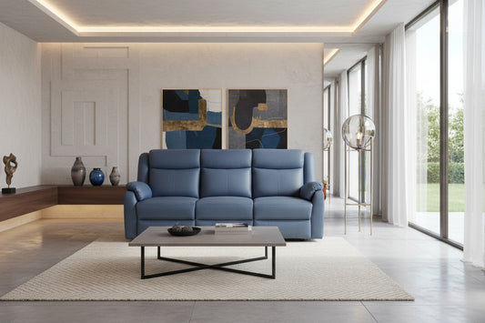 BARRON GENUINE MURANO LEATHER 3-SEATER  RECLINER SOFA W/USB PORT  MARINE BLUE - MyChocolateWood