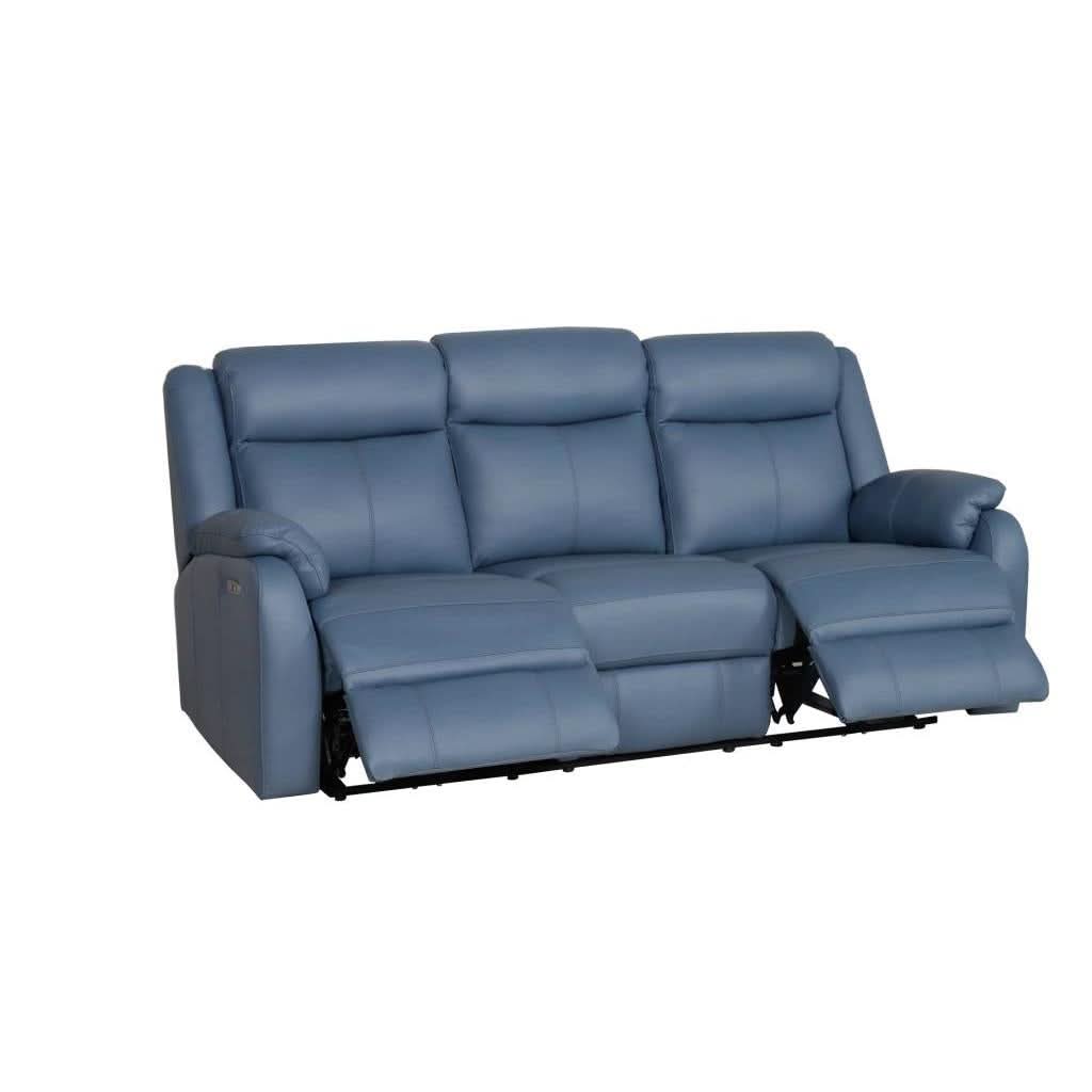 BARRON GENUINE MURANO LEATHER 3-SEATER RECLINER SOFA W/USB PORT MARINE BLUE - MyChocolateWood