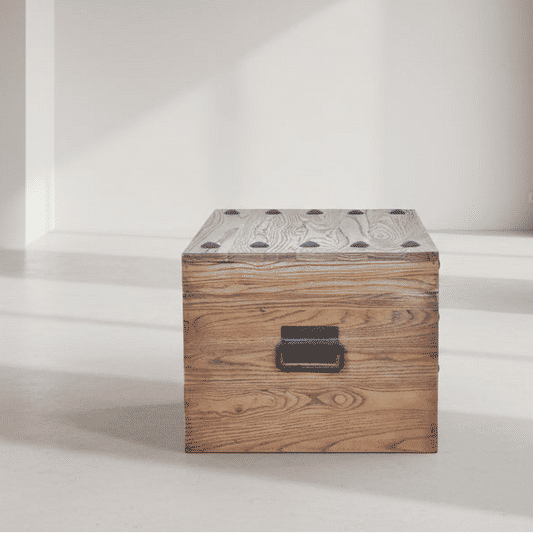 BASIL NAILHEAD OLD ELM TRUNK SIDE TABLE NATURAL WITH IRON ACCENTS - MyChocolateWood