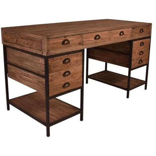 BASIL RECLAIMED OAK & IRON TWIN PEDESTAL DESK. HOME OFFICE DESK BROWN - MyChocolateWood