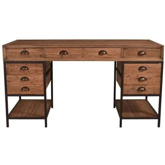 BASIL RECLAIMED OAK & IRON TWIN PEDESTAL DESK. HOME OFFICE DESK BROWN - MyChocolateWood