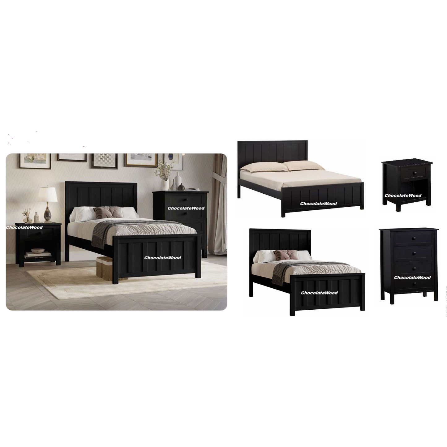 BAYLIN RUBBERWOOD SINGLE BED BLACK - MyChocolateWood