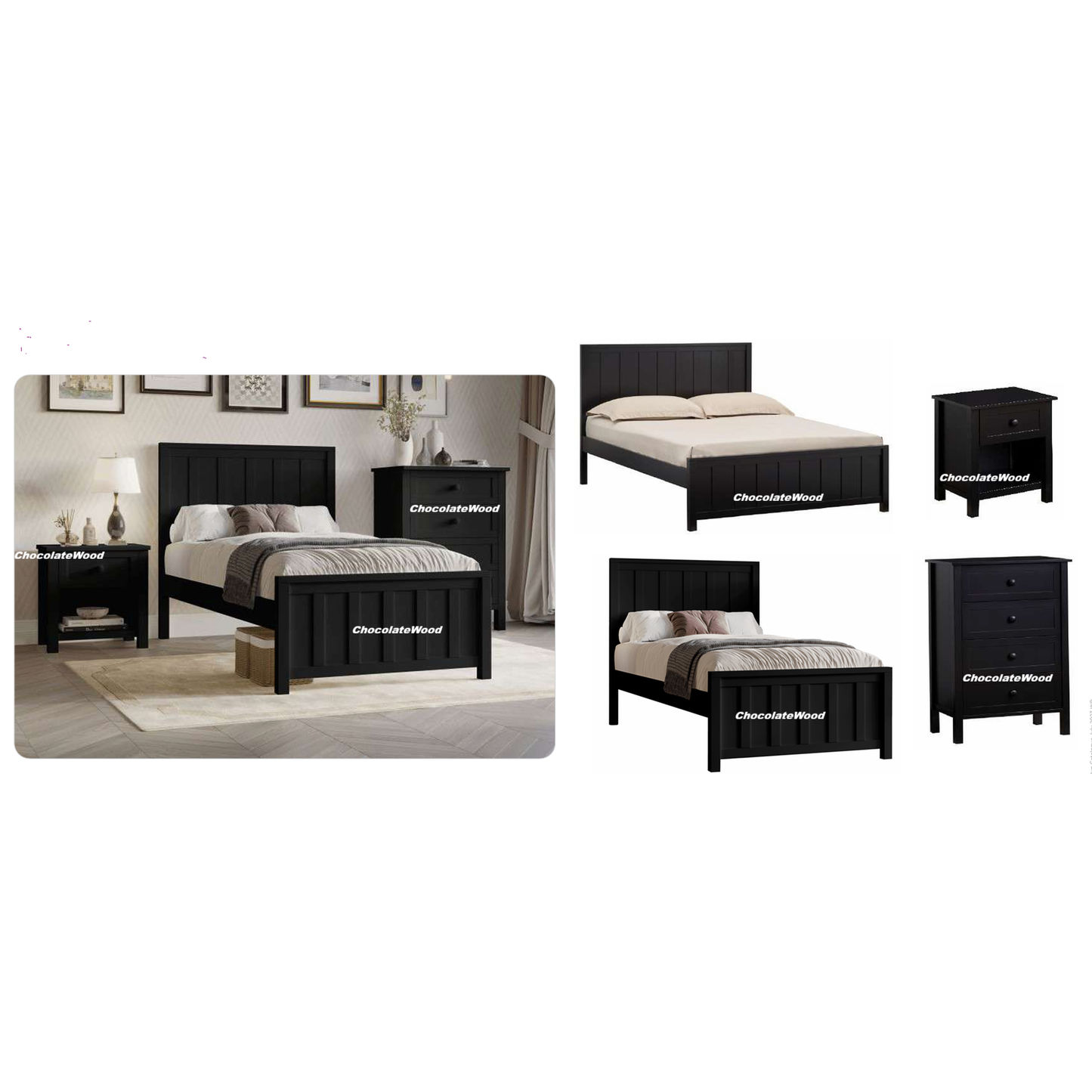 Baylin Rubberwood Bed in Black - Chocolate Wood