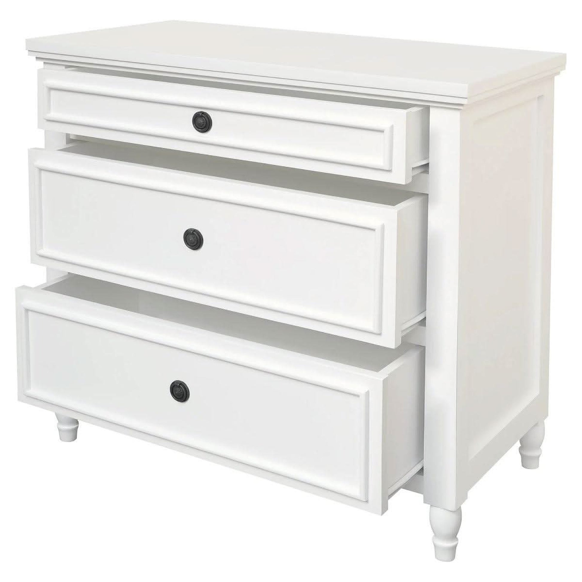 Beau 3-Drawer Turned Leg Chest of Drawers in White - Chocolate Wood