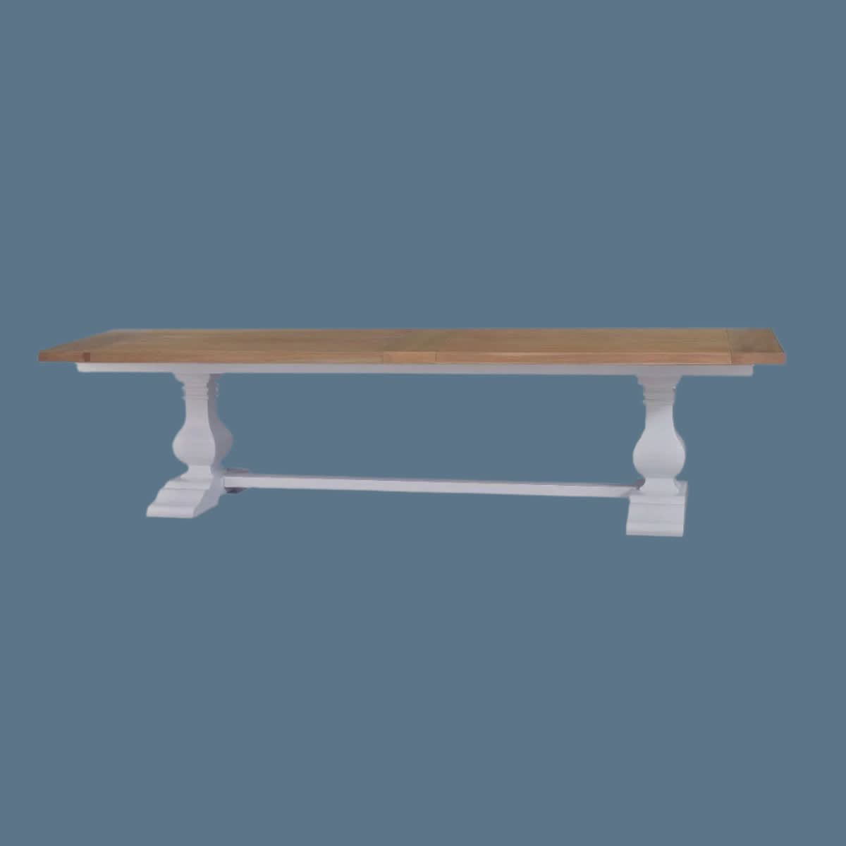 BECKETT HAMPTON STYLE SOLID MAHOGANY RECTANGULAR TRESTLE DINING TABLE IN ANTIQUE FRENCH OAK/ARCHITECTURAL WHITE 244CM - MyChocolateWood