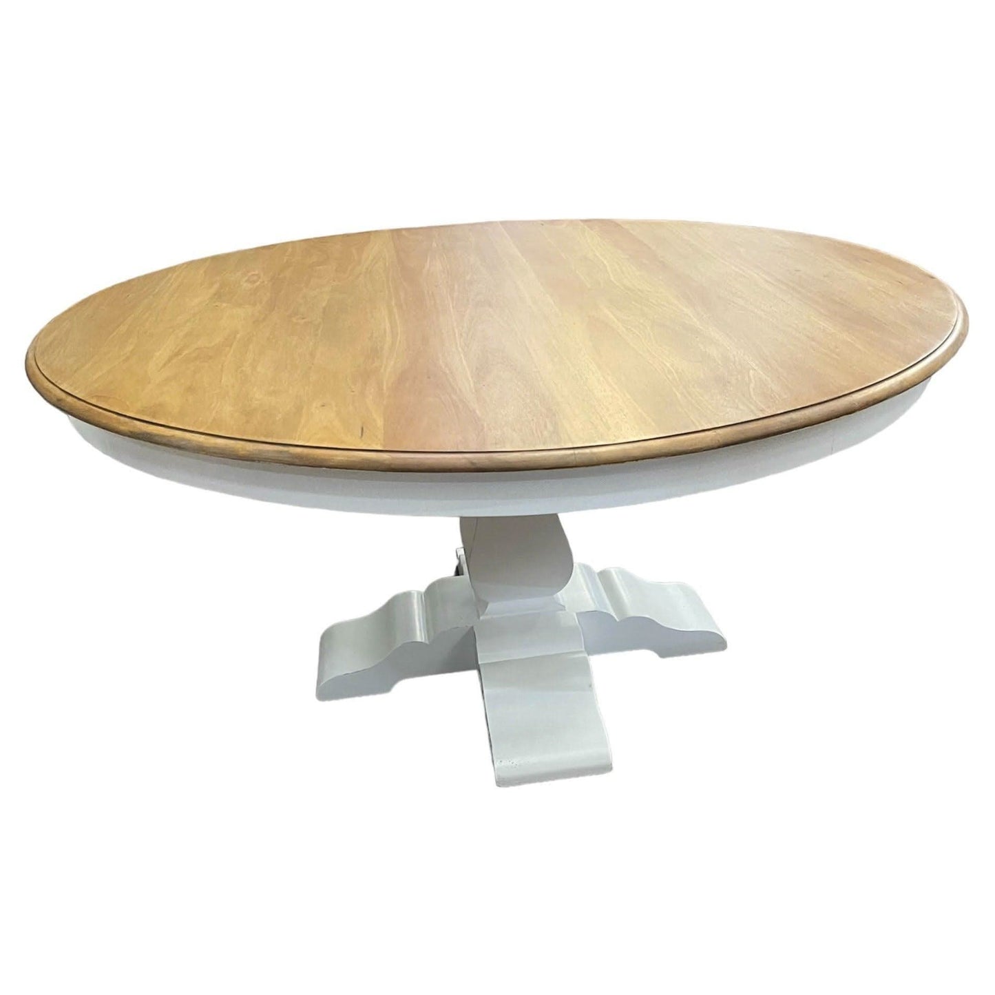 BECKETT HAMPTON STYLE SOLID MAHOGANY ROUND TRESTLE DINING TABLE IN ANTIQUE FRENCH OAK/ARCHITECTURAL WHITE 183CM - MyChocolateWood