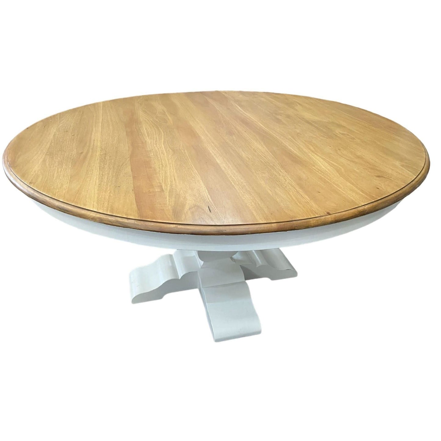 BECKETT HAMPTON STYLE SOLID MAHOGANY ROUND TRESTLE DINING TABLE IN ANTIQUE FRENCH OAK/ARCHITECTURAL WHITE 183CM - MyChocolateWood