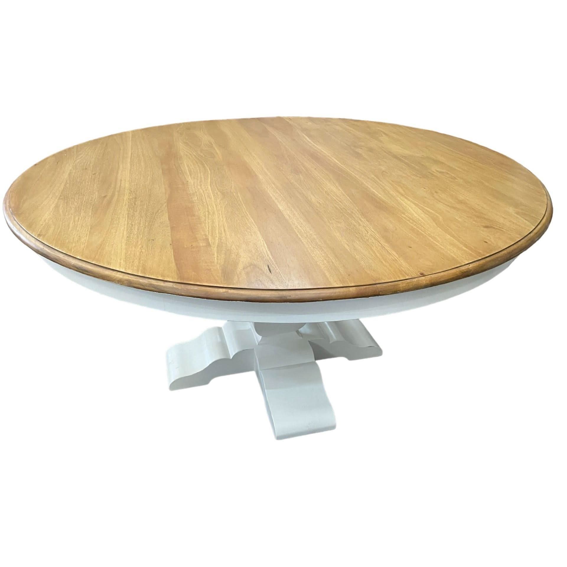 BECKETT HAMPTON STYLE SOLID MAHOGANY ROUND TRESTLE DINING TABLE IN ANTIQUE FRENCH OAK/ARCHITECTURAL WHITE 183CM - MyChocolateWood