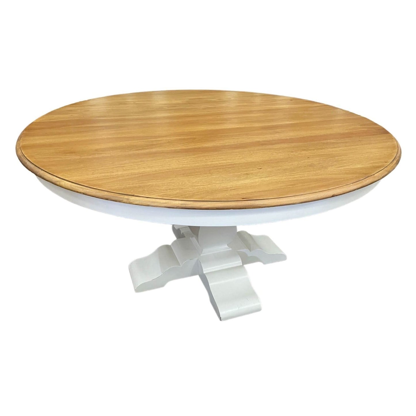 BECKETT HAMPTON STYLE SOLID MAHOGANY ROUND TRESTLE DINING TABLE IN ANTIQUE FRENCH OAK/ARCHITECTURAL WHITE 183CM - MyChocolateWood