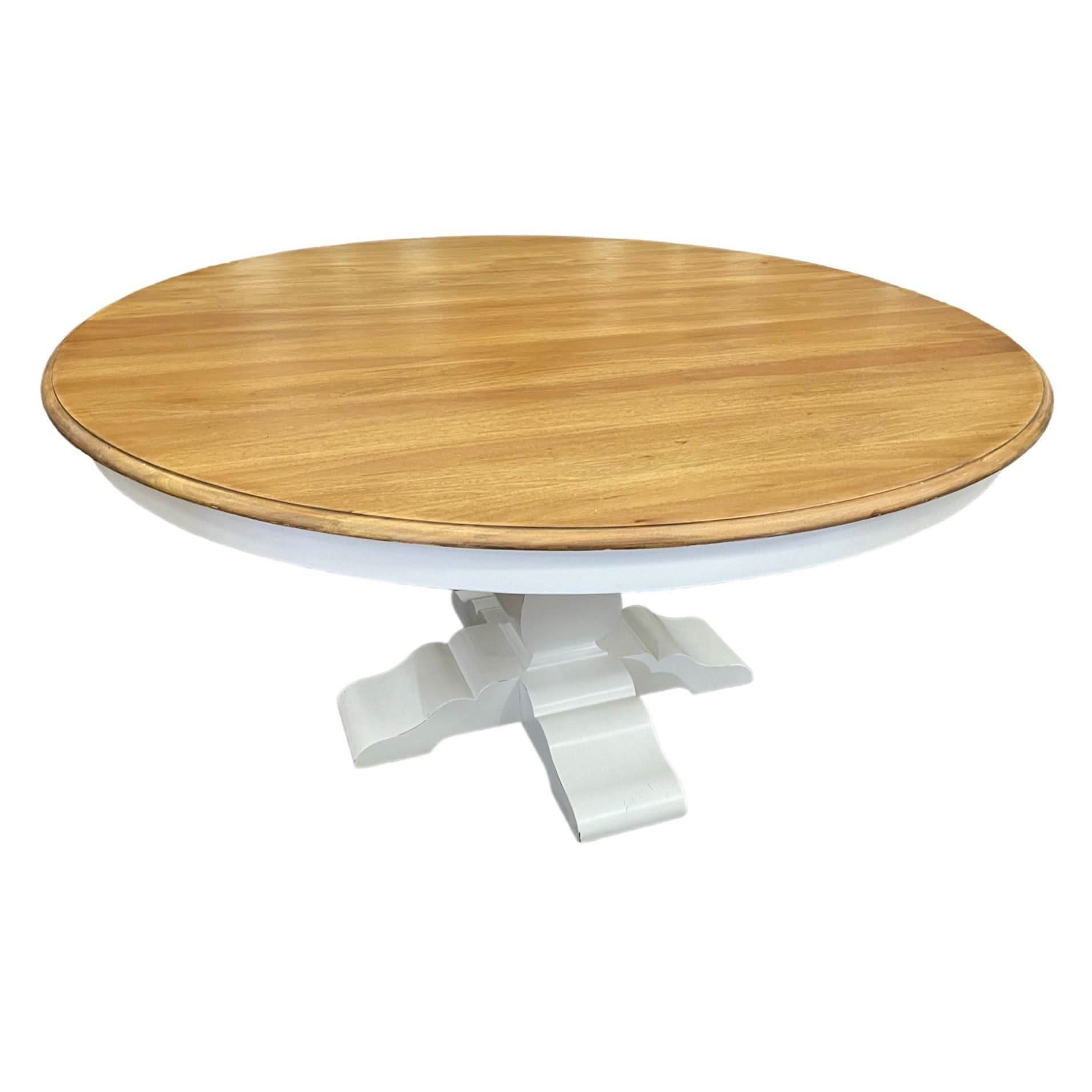 BECKETT HAMPTON STYLE SOLID MAHOGANY ROUND TRESTLE DINING TABLE IN ANTIQUE FRENCH OAK/ARCHITECTURAL WHITE 183CM - MyChocolateWood