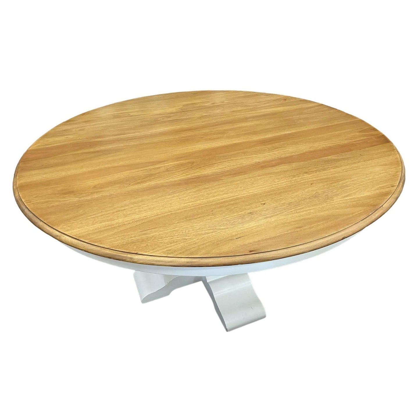 BECKETT HAMPTON STYLE SOLID MAHOGANY ROUND TRESTLE DINING TABLE IN ANTIQUE FRENCH OAK/ARCHITECTURAL WHITE 183CM - MyChocolateWood