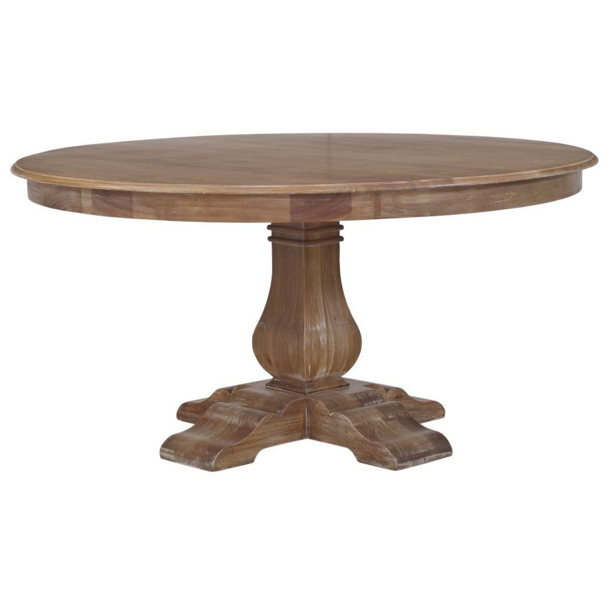BECKETT HAMPTON STYLE SOLID MAHOGANY ROUND TRESTLE DINING TABLE IN STRAW WASH WITH DISTRESSING 183CM - MyChocolateWood