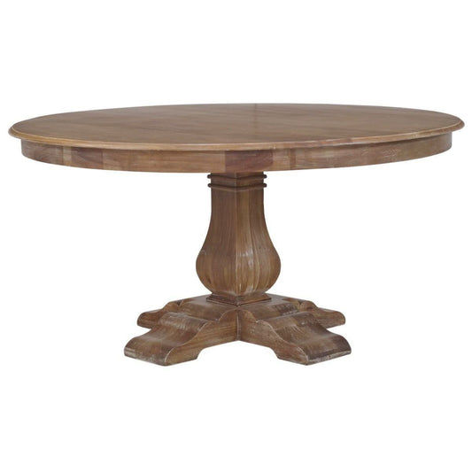 BECKETT HAMPTON STYLE SOLID MAHOGANY ROUND TRESTLE DINING TABLE IN STRAW WASH WITH DISTRESSING 183CM - MyChocolateWood
