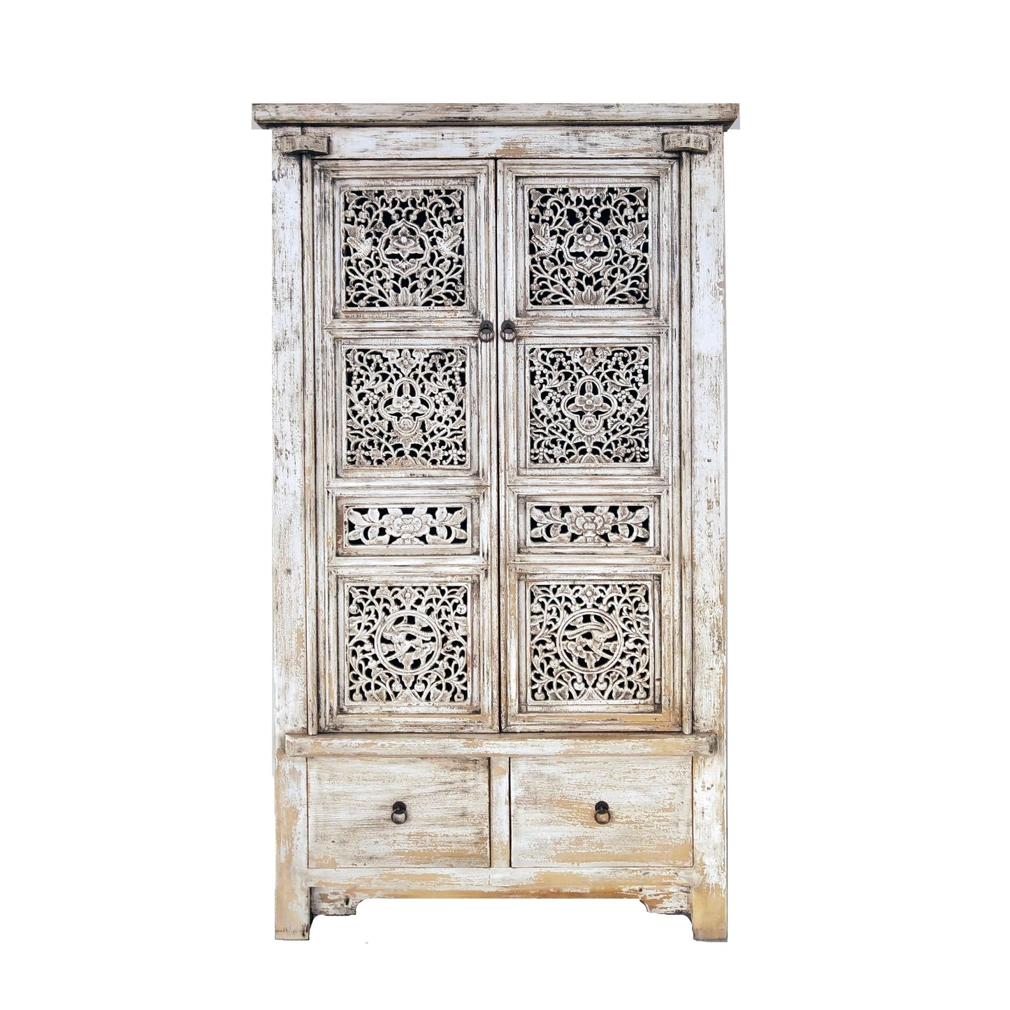 BEIBEI NGH006 CHINESE ANTIQUE RECYCLED PINE TIMBER 2-DOOR 2-DRAWER CUPBOARD CABINET DISTRESSED WHITE - MyChocolateWood