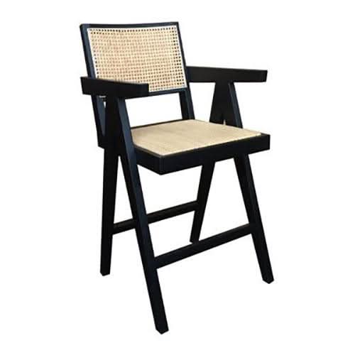 Belvil Rattan Hampton Style Counter / Bar Stool in Black - Chocolate Wood