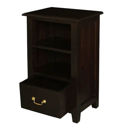 Benedict solid mahogany timber bedside table with one drawer and shelf in chocolate finish, crafted by MyChocolateWood.