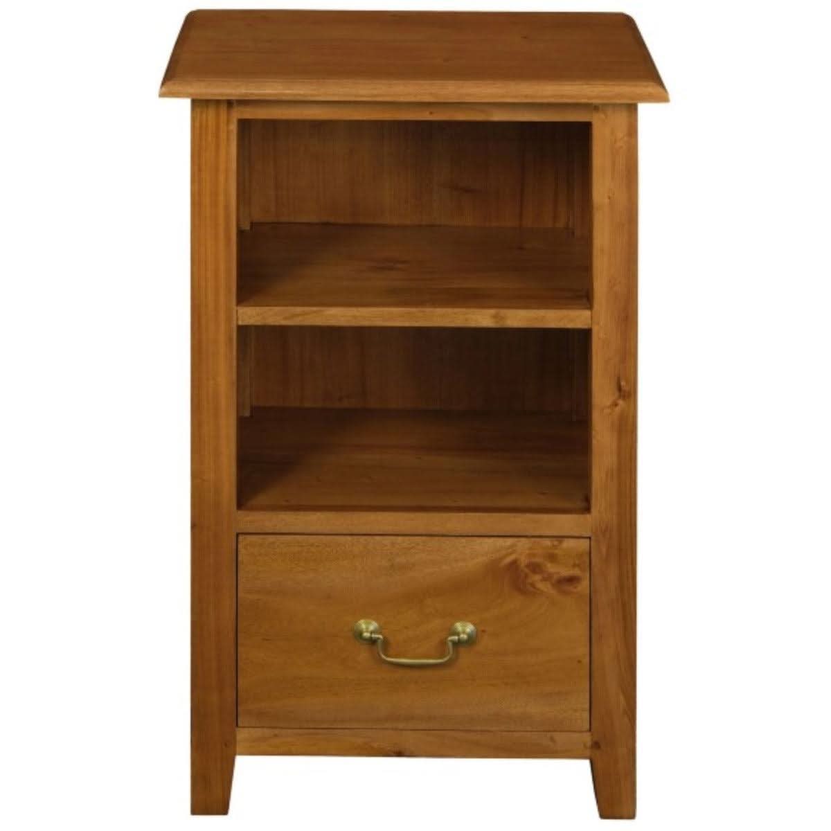 Benedict solid mahogany timber bedside table by MyChocolateWood with one drawer and shelf in light pecan finish