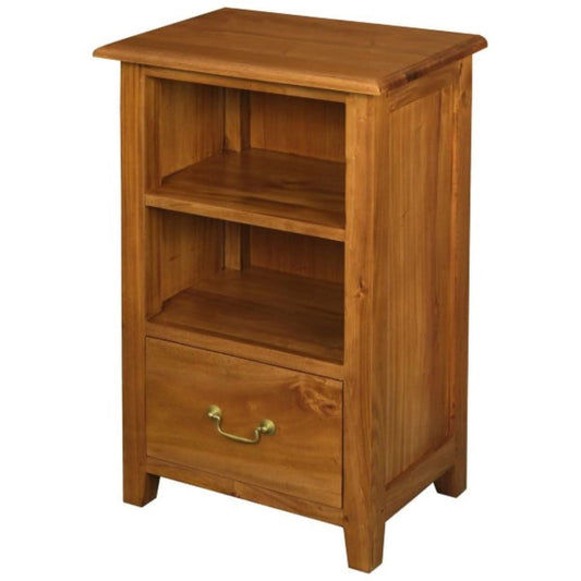 Benedict solid mahogany timber bedside table with one drawer and shelf in light pecan finish by MyChocolateWood.