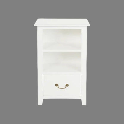 White Benedict solid mahogany timber bedside table with one drawer and shelf by Chocolate Wood.