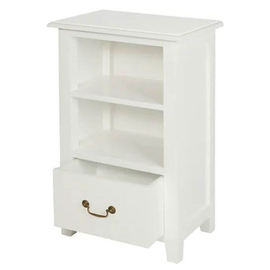 White Benedict solid mahogany timber bedside table with one drawer and shelf from MyChocolateWood.