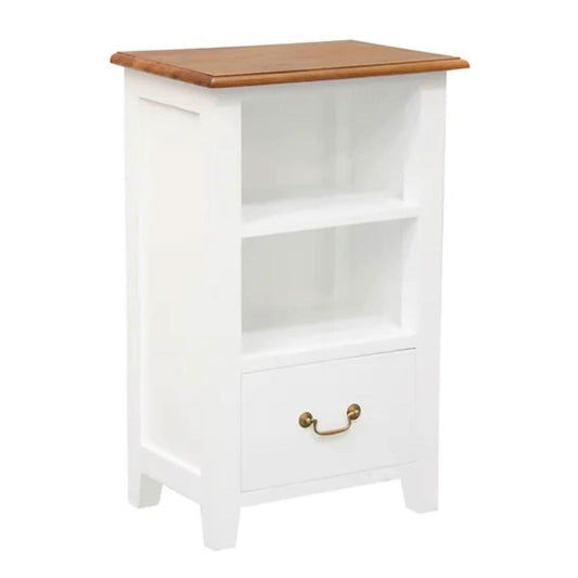 Benedict solid mahogany timber bedside table with one drawer and shelf, white body with caramel top, by MyChocolateWood.