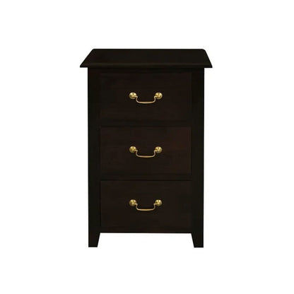 Benedict solid mahogany timber bedside table with three drawers in chocolate finish, crafted by Chocolate Wood.