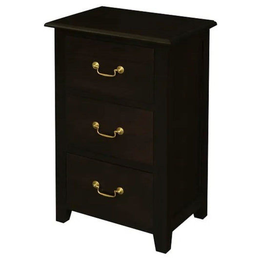 Benedict solid mahogany timber bedside table with three drawers in chocolate finish, by MyChocolateWood.
