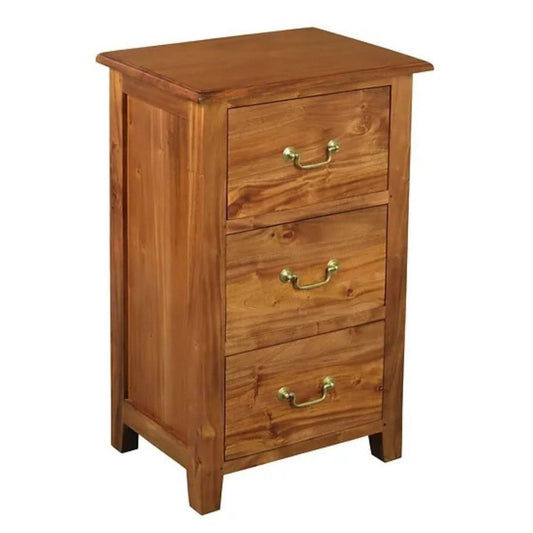 Benedict solid mahogany timber bedside table with three drawers in light pecan by MyChocolateWood.