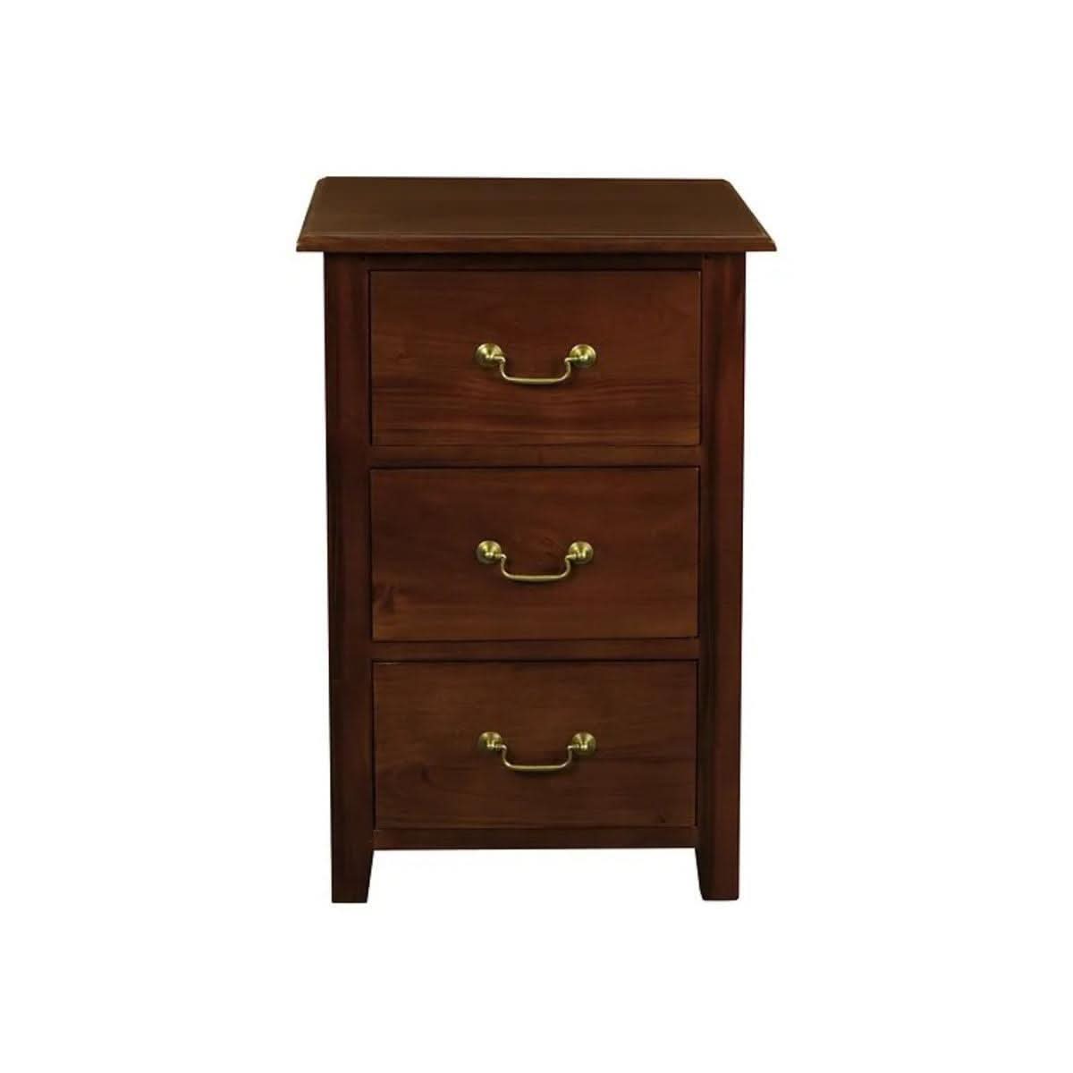 Solid mahogany Benedict bedside table with three drawers, crafted by MyChocolateWood, in rich mahogany color.