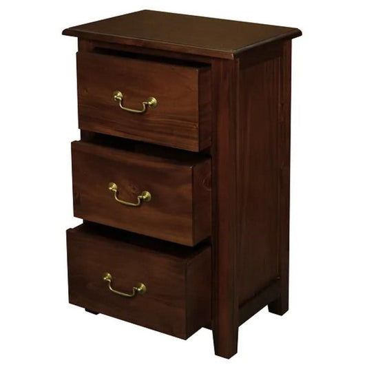 Solid mahogany Benedict bedside table by MyChocolateWood with three drawers in rich mahogany finish.