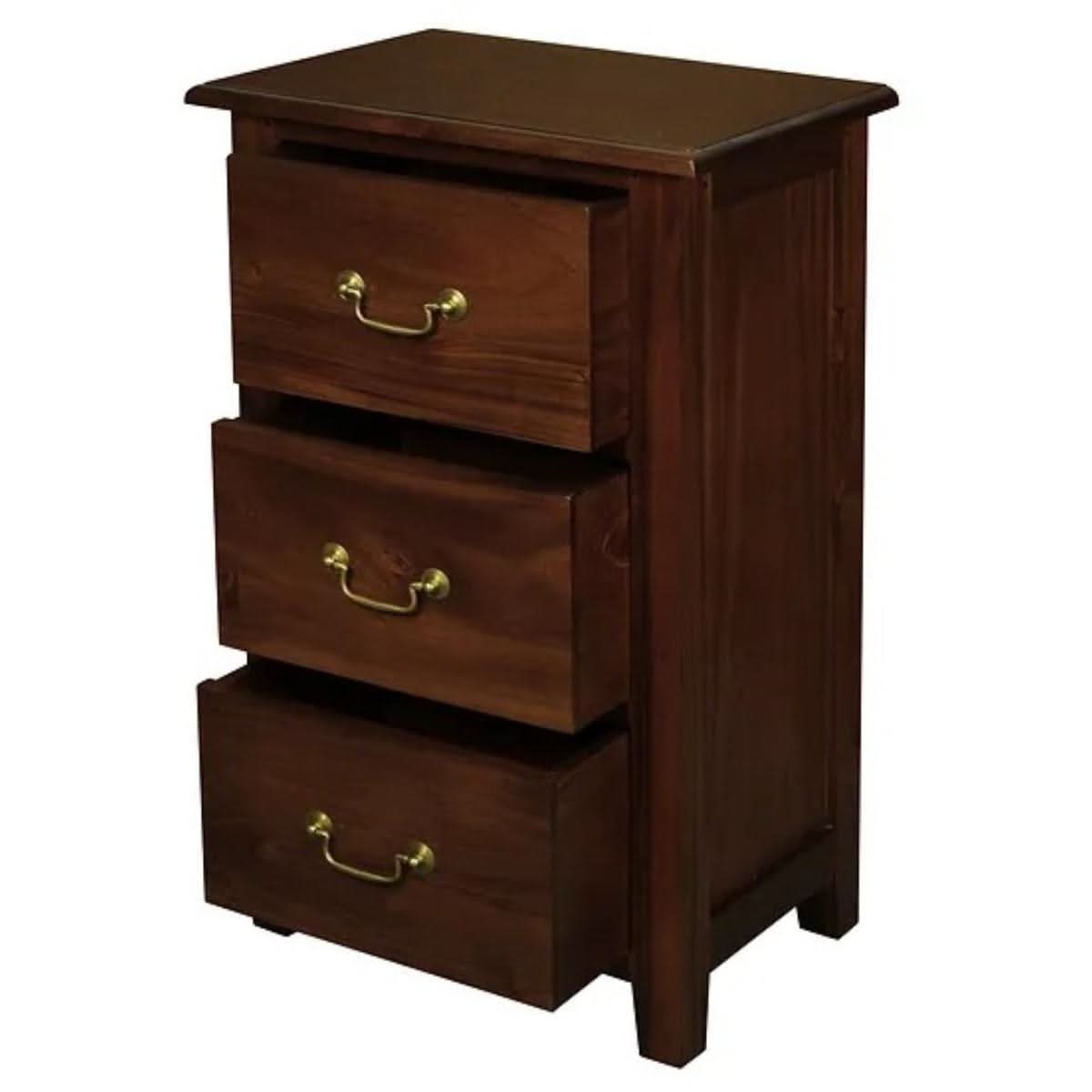 Solid mahogany Benedict bedside table by MyChocolateWood with three drawers in rich mahogany finish.