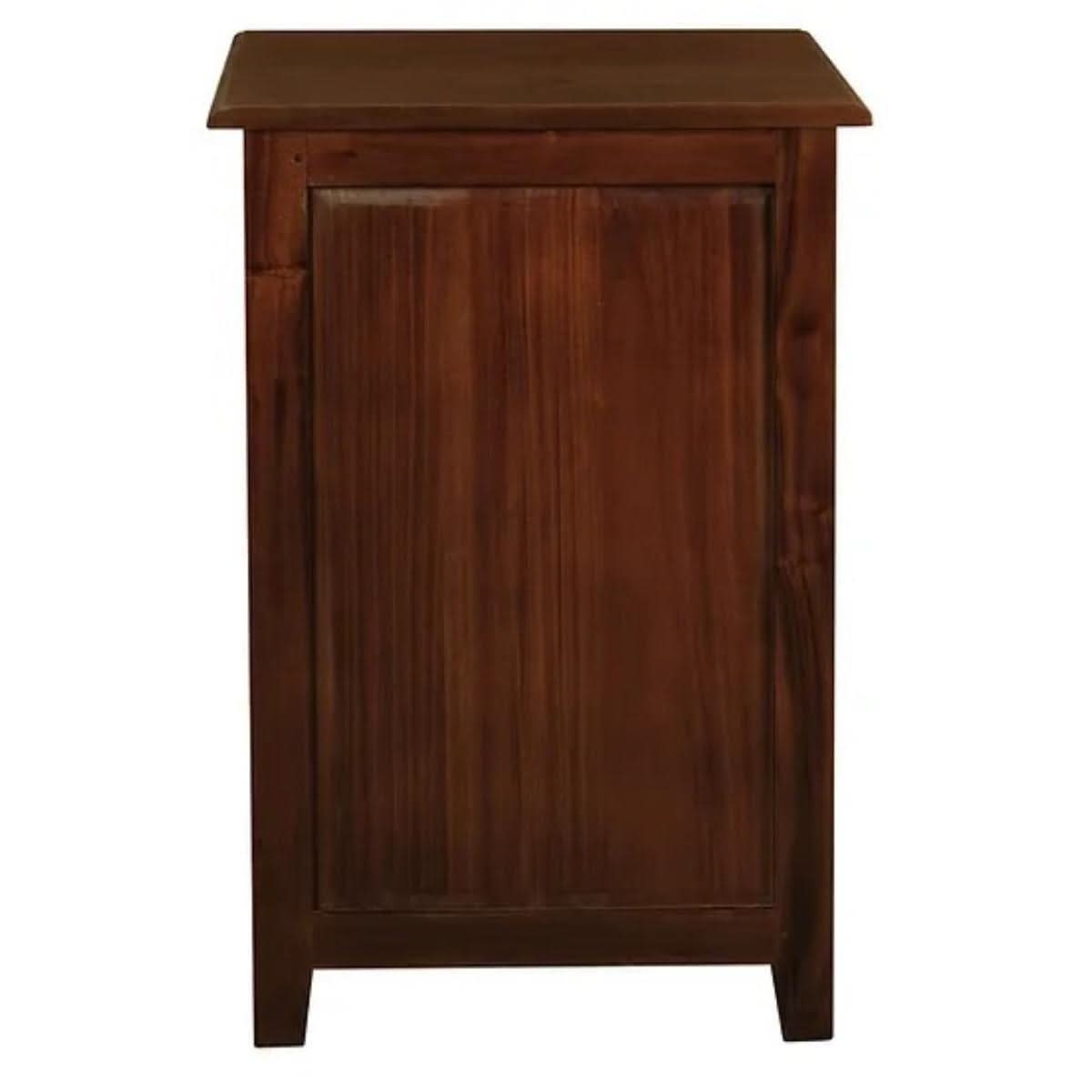 Benedict solid mahogany timber bedside table with three drawers in rich mahogany color, featuring a sturdy design and elegant finish.