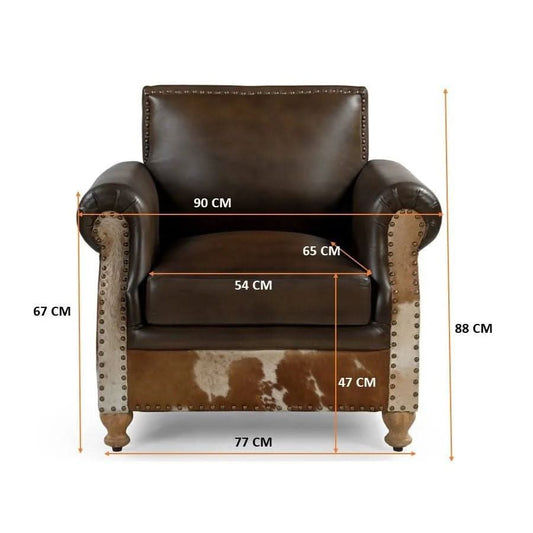 BENZI HANDMADE COW HIDE & GENUINE LEATHER ARMCHAIR EASY CHAIR LOUNGE CHAIR - MyChocolateWood